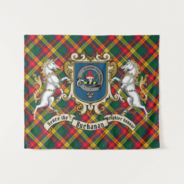 Buchanan Clan Abzeichen & Unicorns w/Tartan Wandteppich (Vorderseite (Horizontal))