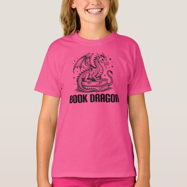 Buchdrache, Fantasy-Leser T-Shirt (Vorderseite)
