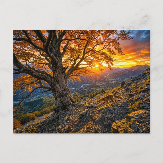 Buche am Hang mit Fuchs Postkarte (Vorderseite)