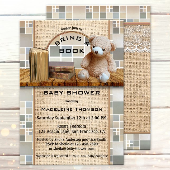 Buchen Sie eine Babydusche Einladung (Cute baby shower invitation featuring a shelf with books and teddy bear on burlap and tiles)