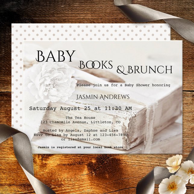 Buchen Sie eine Babydusche Einladung (Romantic book theme baby shower invitation in warm off-white colors with a book and peony flower)
