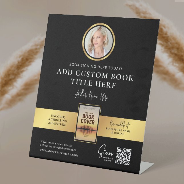 Buchen Sie Signatur Event Author Foto QR Code Imit Sockelschild (Modern black and gold book signing pedestal sign design with your custom photos and text)