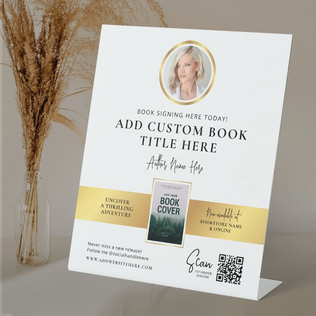Buchen Sie Signatur Event Author Foto QR Code Imit Sockelschild (Modern white and gold Book Signing Promotional pedestal sign design with your custom photos and text)