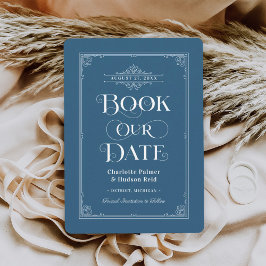 Buchen Sie unser Date Blue Vintag Book Cover Hochz Save The Date