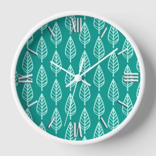 Buchenblatt-Muster - Pfau und Türkis Wanduhr