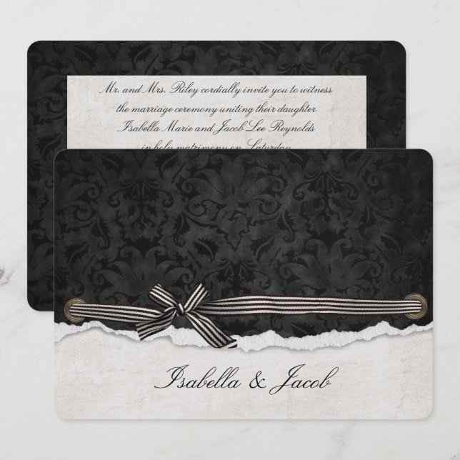 Buchenbogen auf schwarzen Damast Einladung (Vorne/Hinten)