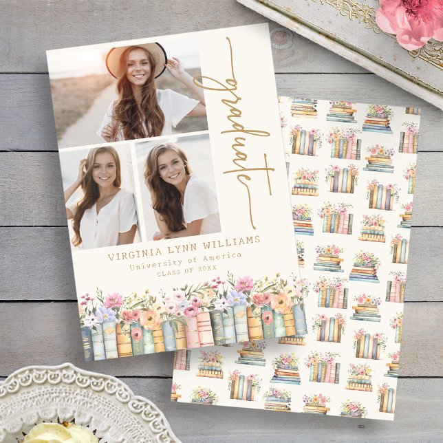 Bücher Abschlussfeier Ankündigung (Watercolor Floral Books Photos Graduation Announcement by Painted Paperie
)