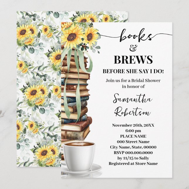 Bücher & Brause Kaffee Sonnenblumen Junggesellinne Einladung (Vorne/Hinten)