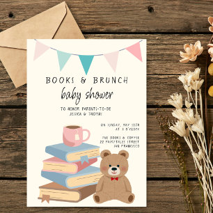 Bücher & Brunch Neutrale Bücher & Teddy Baby-Party Einladung