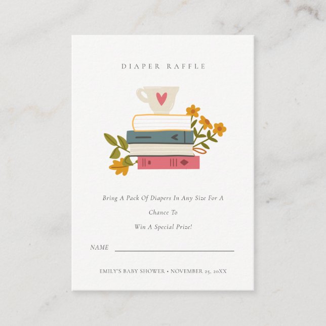 Bücher Floral Diaper Raffle Mum Baby Dusche Begleitkarte (Vorderseite)