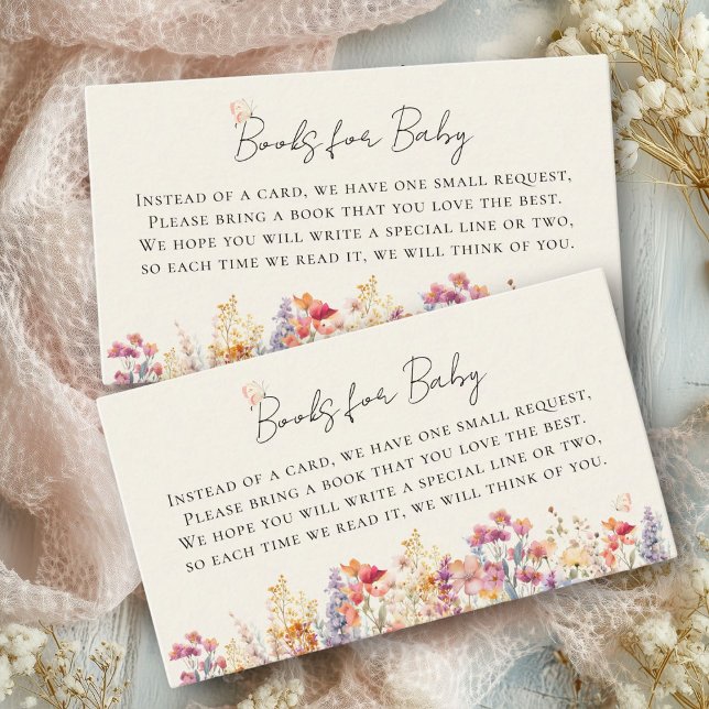 Bücher für Baby! Moderne Wildblume Babydusche Begleitkarte (Books for Baby! Modern, Wildflower Baby Shower Beige Enclosure Card. For Baby Girl & Boy.)