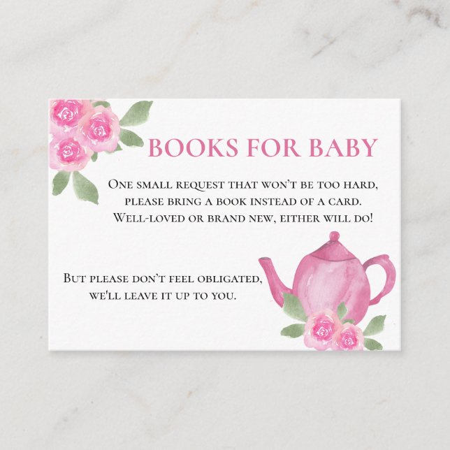 Bücher für Baby Pink Floral Teekanne Babydusche Begleitkarte (Vorderseite)