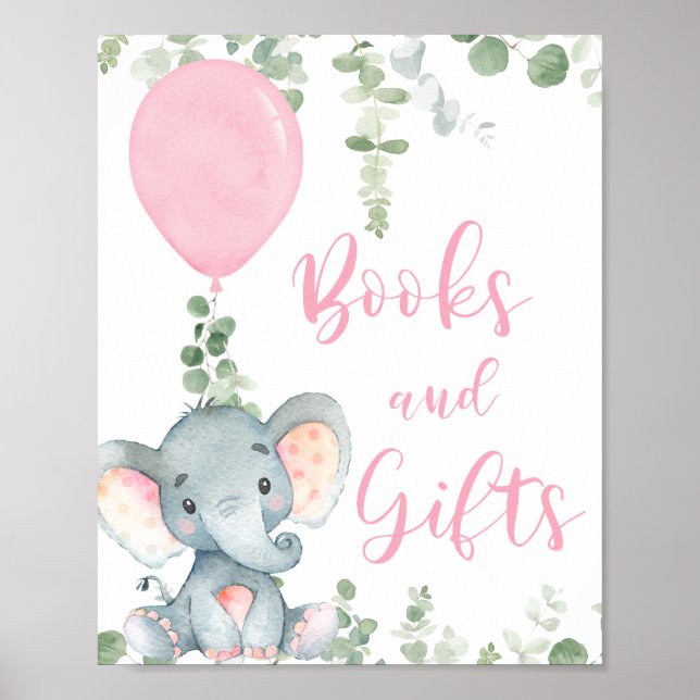 Bücher Geschenke rosa Elefantenballon Babydusche Z Poster (Vorne)