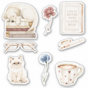 Bücher Hund Katze Blumen Aufkleber