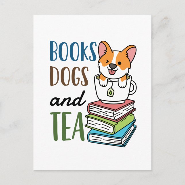 Bücher Hunde und Tee Wochenendlektüre Postkarte (Vorderseite)