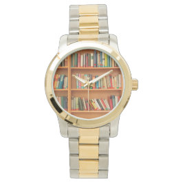 Bücher im Hintergrund der virtuellen Bibliothek Armbanduhr