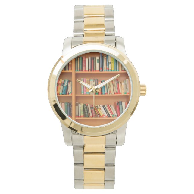 Bücher im Hintergrund der virtuellen Bibliothek Armbanduhr (Vorderseite)
