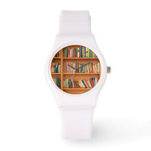 Bücher im Hintergrund der virtuellen Bibliothek Armbanduhr
