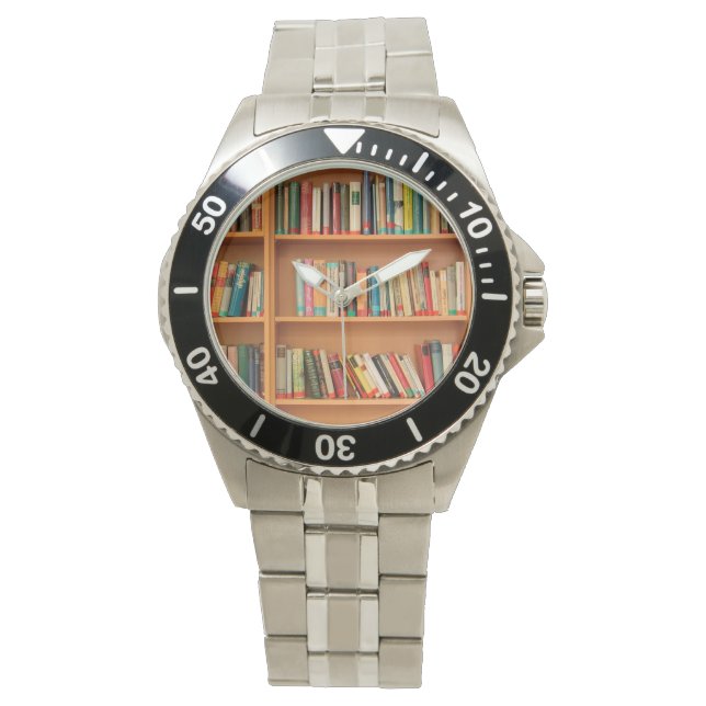 Bücher im Hintergrund der virtuellen Bibliothek Armbanduhr (Vorderseite)