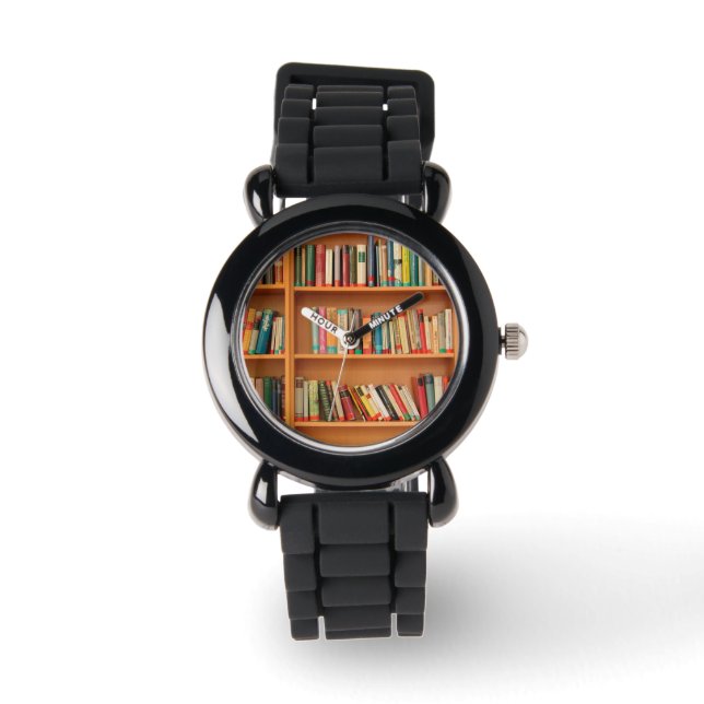 Bücher im Hintergrund der virtuellen Bibliothek Armbanduhr (Vorderseite)