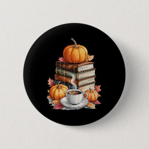Bücher Kaffee Herbst Blätter Und Kürbisse Vintage  Button