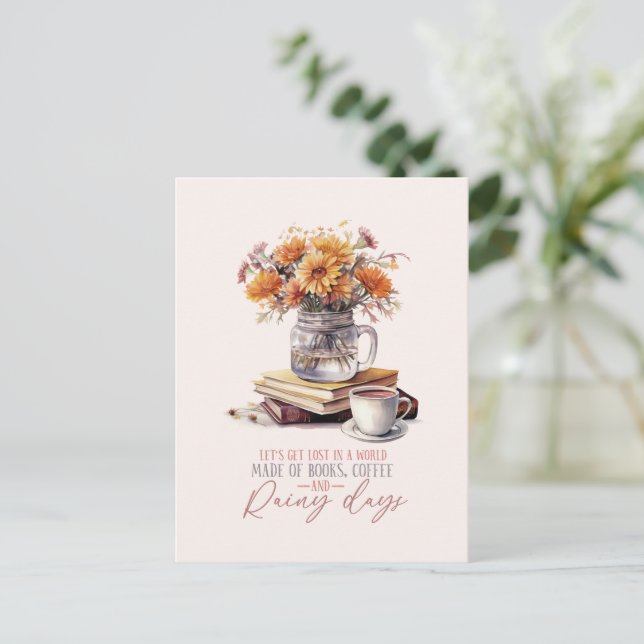 Bücher, Kaffee und Regentage Postkarte (Stehend Vorderseite)