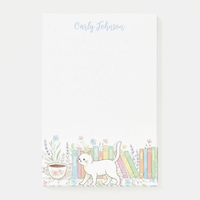 Bücher Katzen & Kaffee Floral Personalisiert Post-it Klebezettel (Vorderseite)