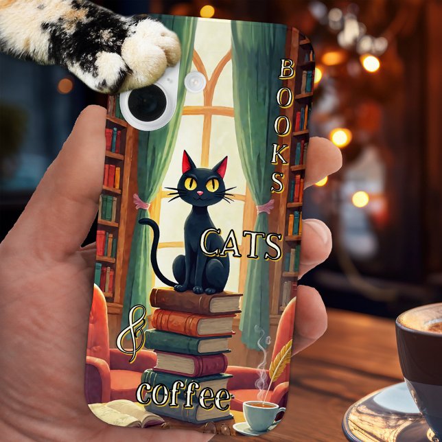 Bücher Katzen und Kaffee Handyhülle  Case-Mate iPhone Hülle (Cute phone case featuring a painting of a black cat on a pile of books - with coffee)
