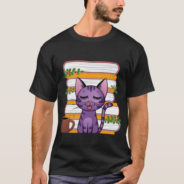 Bücher, Katzen und Kaffee T-Shirt (Vorderseite)