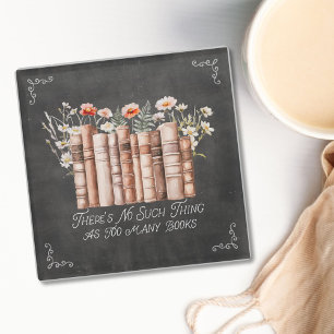 Bücher mit Blumen und Zitat auf schwarzer Tafel Glasuntersetzer