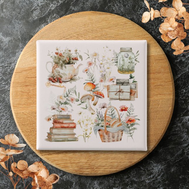 Bücher Mushroom Floral Whimsical Cottage Art Button (Close up)