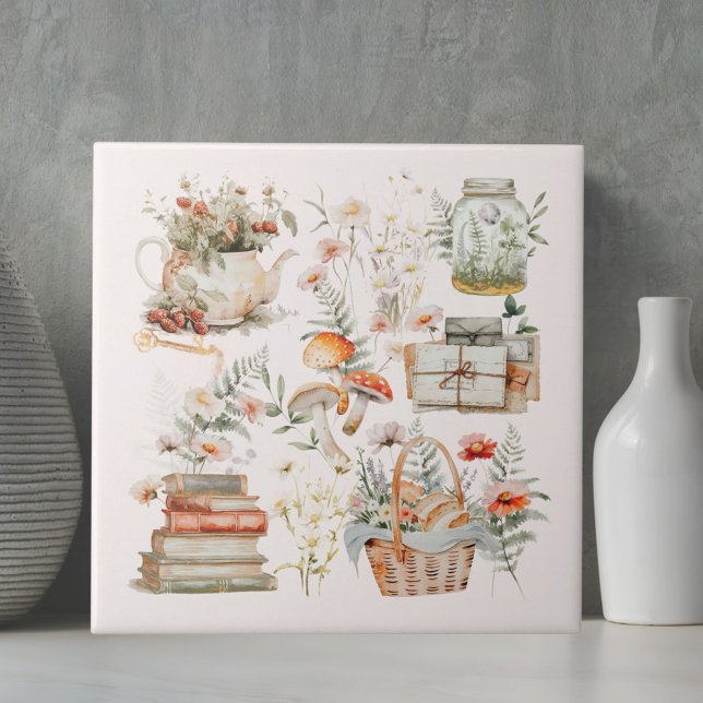Bücher Mushroom Floral Whimsical Cottage Art Fliese (Close up)