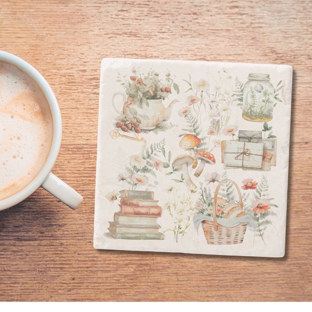 Bücher Mushroom Floral Whimsical Cottage Art Steinuntersetzer (In situ)