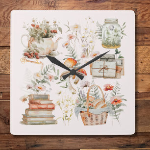 Bücher Pilz Floral Whimsical Cottagecore Kunst Quadratische Wanduhr
