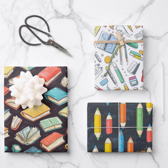 Bücher & Stifte Chalk Zeichnend Schulgeschenk Geschenkpapier Set (Vorderseite)