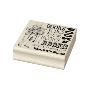 Bücher und alter Mann-Gummikunst-Briefmarke Gummistempel