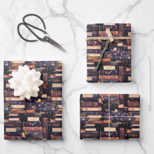 Bücher und Blumen auf Schwarz Geschenkpapier Set