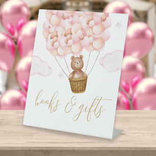 Bücher und Geschenke Bärchen rosa Ballons Babypart Sockelschild