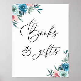 Bücher und Geschenke Rosa und blaue Blütenzeichen Poster