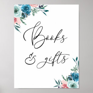 Bücher und Geschenke Rosa und blaue Blütenzeichen Poster