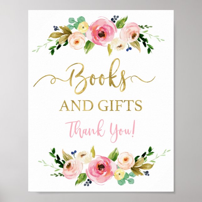 Bücher und Geschenke Rosa und goldenes Blumenzeich Poster (Vorne)