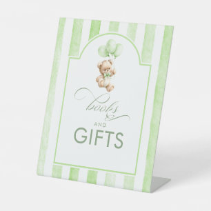 Bücher und Geschenke Teddybär Grüne Babyparty Sockelschild