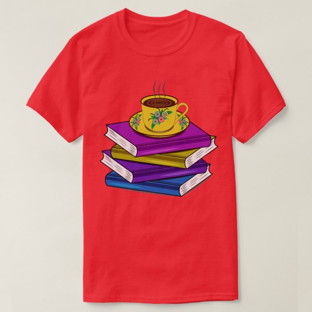 Bücher und heißer Kaffee T-Shirt (Design vorne)