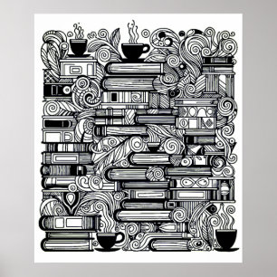 Bücher und Kaffeefarbe Ich Doodle Poster