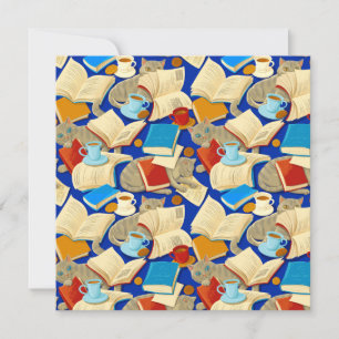 Bücher und Katzen auf blau Karte