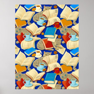 Bücher und Katzen auf blau Poster