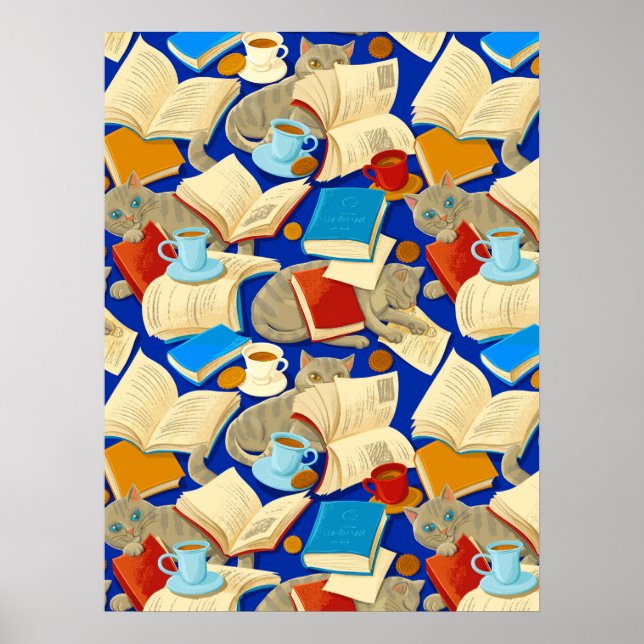 Bücher und Katzen auf blau Poster (Vorne)