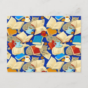Bücher und Katzen auf blau Postkarte
