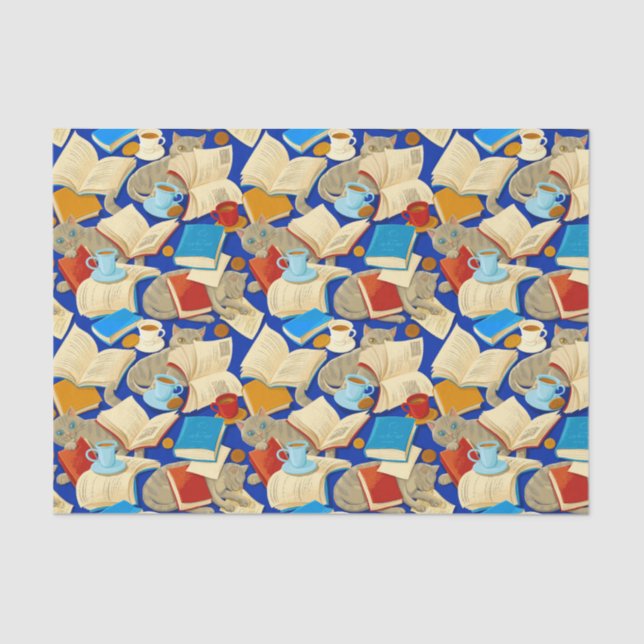 Bücher und Katzen auf blau Seidenpapier (Vorderseite)