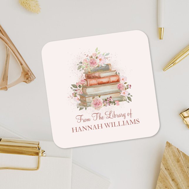 Bücher und Vintage Rosen Buchzeichen Quadratischer Aufkleber (In situ)